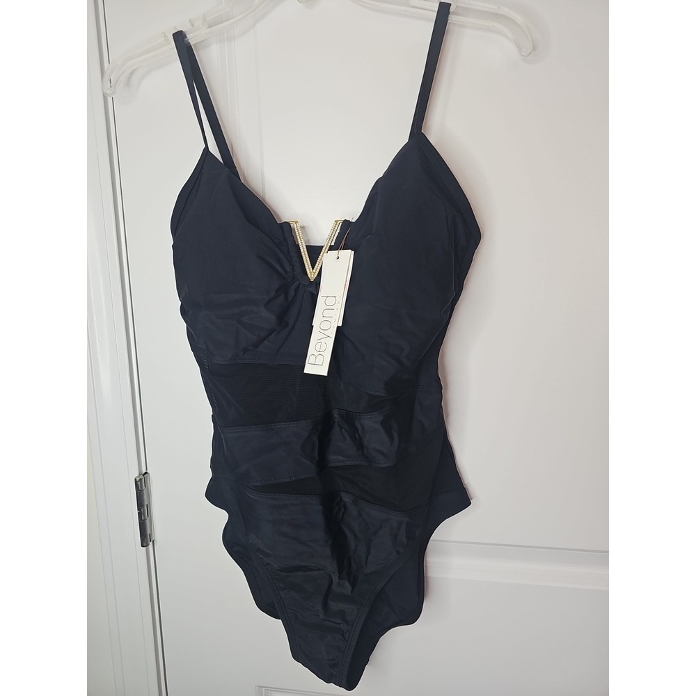 Beyond Control Swimsuit One Piece Black Gold Rhinestone V-Neck Mesh Waist NEW 10
